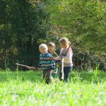 Drei Kinder sammeln auf der Lichtung Brennholz