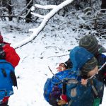 Kinder mit Rucksäcken schlecken Schnee von Ästen